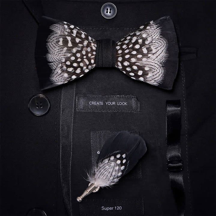 Black & White Interwoven Feather Bow Tie with Lapel Pin - Black & White - image 0