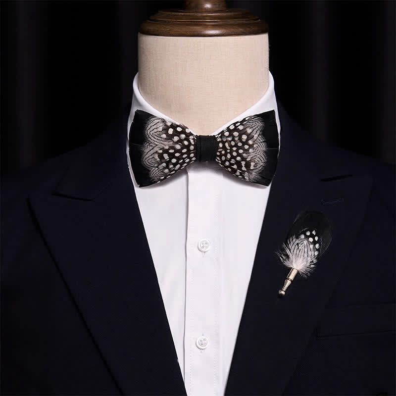 Black & White Interwoven Feather Bow Tie with Lapel Pin