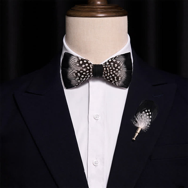 Black & White Interwoven Feather Bow Tie with Lapel Pin