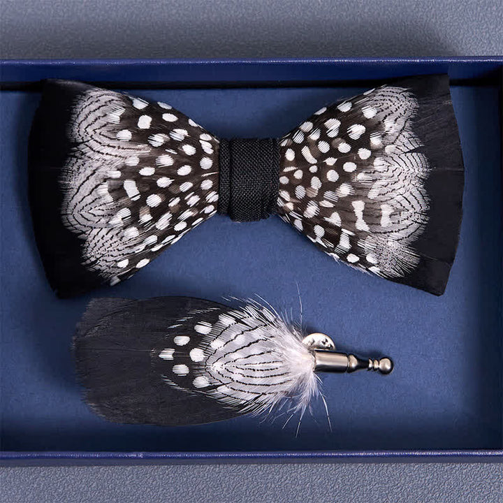 Black & White Interwoven Feather Bow Tie with Lapel Pin