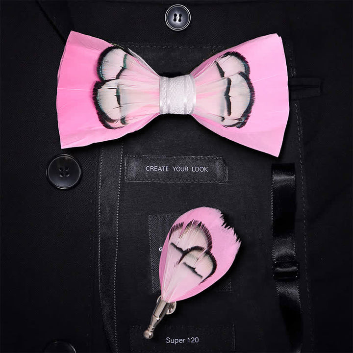 Powerfully Pink Feather Bow Tie with Lapel Pin