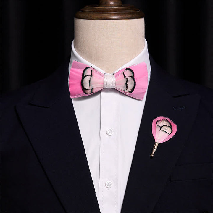 Kid's Powerfully Pink Feather Bow Tie with Lapel Pin