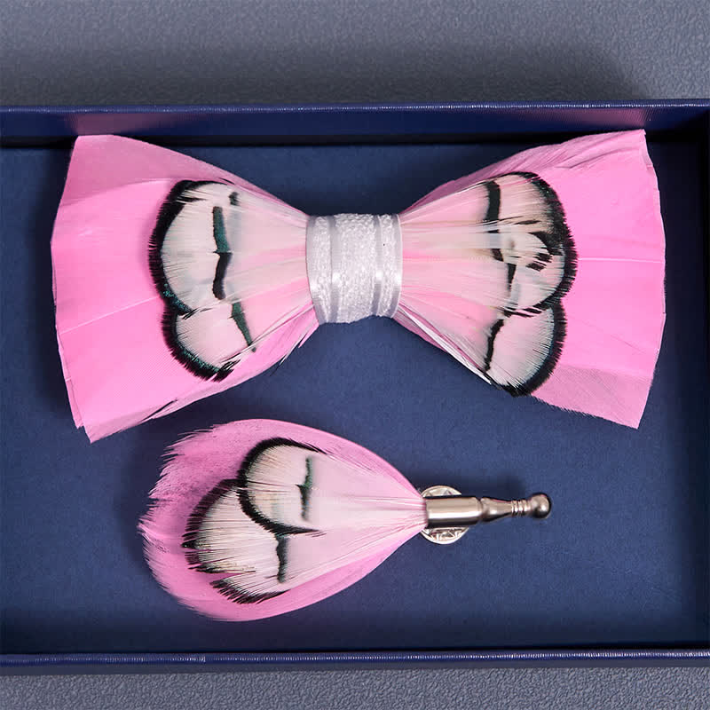 Kid's Powerfully Pink Feather Bow Tie with Lapel Pin