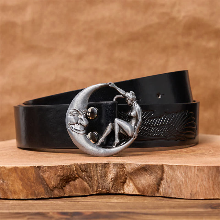 Men's DIY Novelty Moon Lady Buckle Leather Belt - Moon Lady - Black Embossed Eagle Belt (38) - image 5