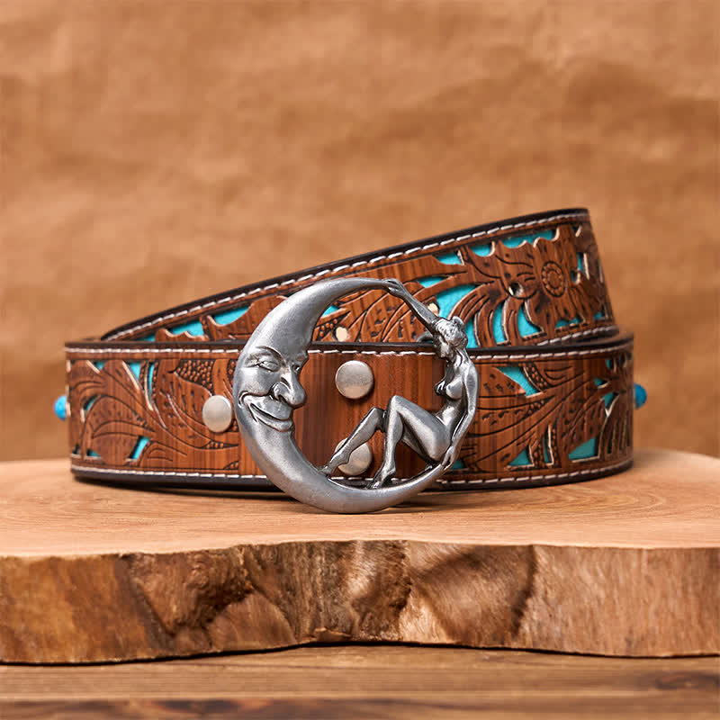 Men's DIY Novelty Moon Lady Buckle Leather Belt - Moon Lady - Turquoise Carved Belt (40) - image 9