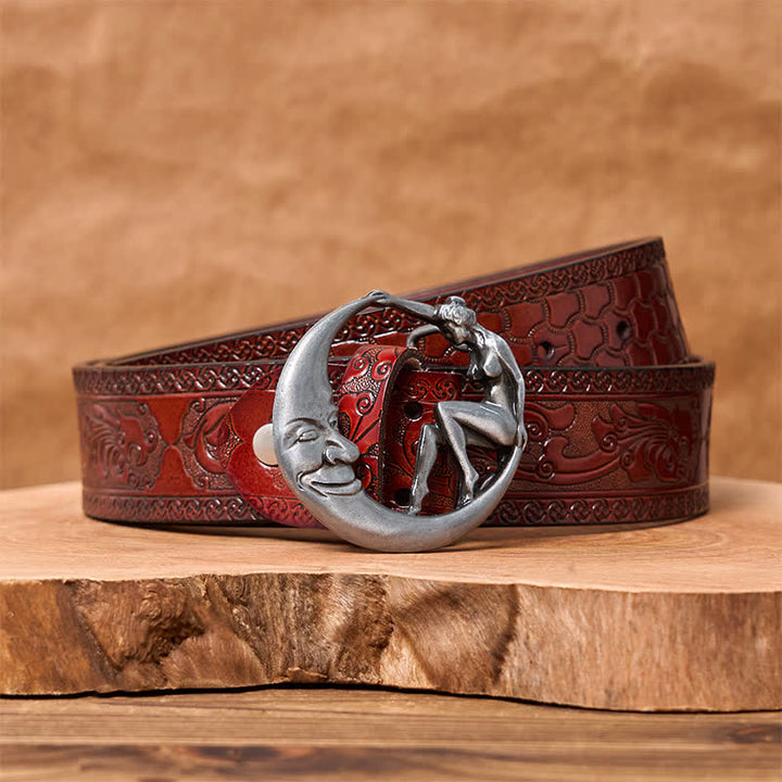 Men's DIY Novelty Moon Lady Buckle Leather Belt - Moon Lady - Brown Carved Belt (40) - image 8