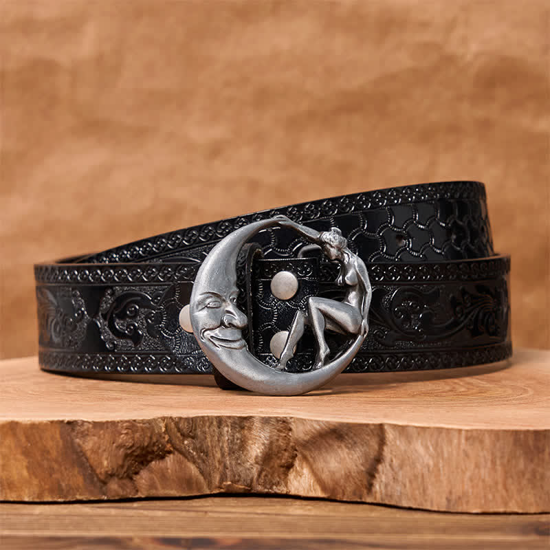 Men's DIY Novelty Moon Lady Buckle Leather Belt - Moon Lady - Black Carved Belt (40) - image 7