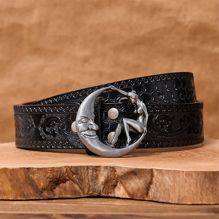Men's DIY Novelty Moon Lady Buckle Leather Belt - Moon Lady - Black Carved Belt (40) - image 7