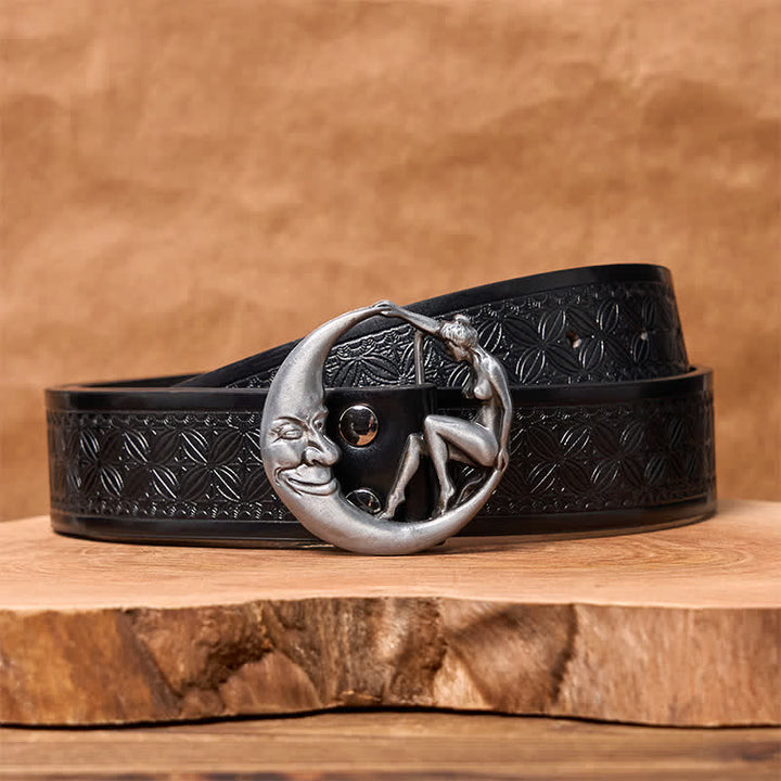 Men's DIY Novelty Moon Lady Buckle Leather Belt - Moon Lady - Black Embossed Weave Belt (38) - image 6