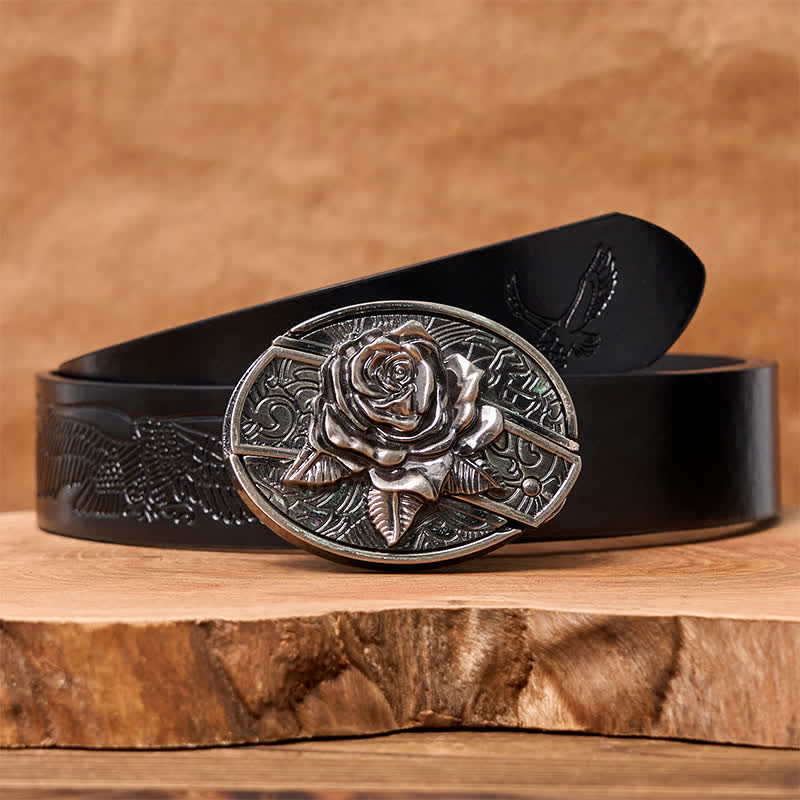 Men's DIY Western Rose Hidden Folding Knife Leather Belt - Western Rose - Black Embossed Eagle Belt - 42 - image 6
