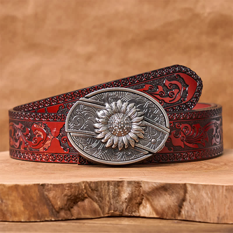 Men's DIY Sunflower Hidden Folding Knife Leather Belt - Sunflower - Brown Carved Belt - 42 - image 8