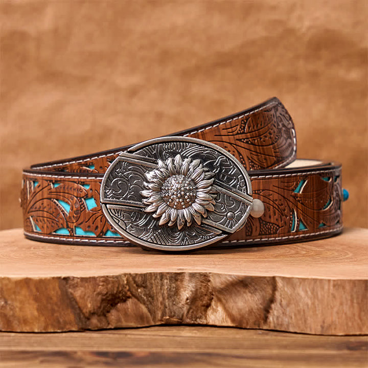 Men's DIY Sunflower Hidden Folding Knife Leather Belt - Sunflower - Turquoise Carved Belt - 42 - image 7
