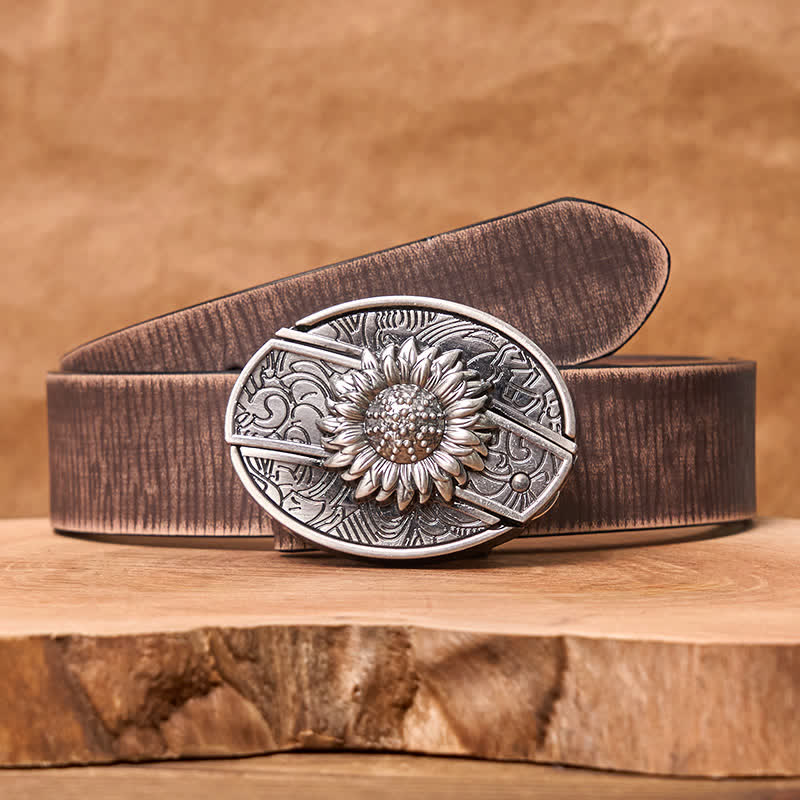 Men's DIY Sunflower Hidden Folding Knife Leather Belt - Sunflower - Brown Distressed Belt - 42 - image 10