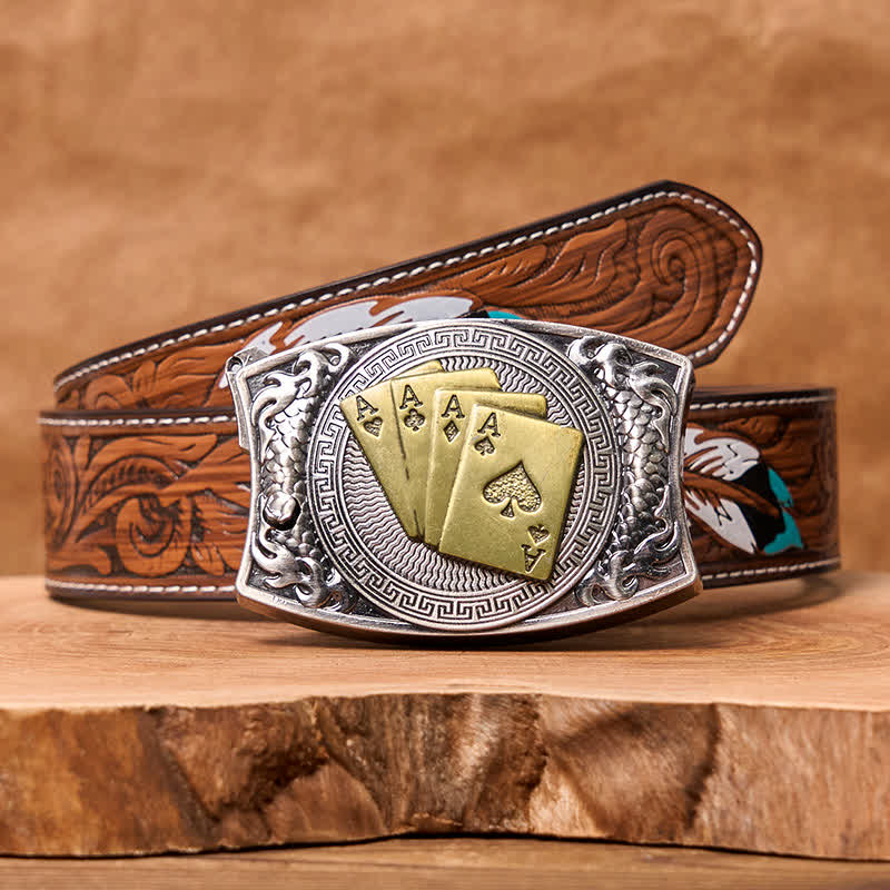 Men's DIY Gold Poker Hidden Folding Knife Leather Belt - Gold Poker - Brown Feather Belt - 40 - image 11