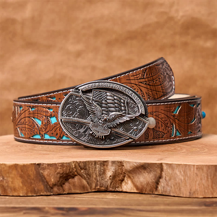 Men's DIY Eagle USA Flag Hidden Folding Knife Leather Belt - Eagle - Turquoise Carved Belt - 42 - image 8