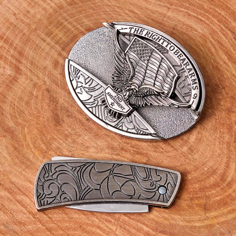 Men's DIY Eagle USA Flag Hidden Folding Knife Leather Belt - image 1