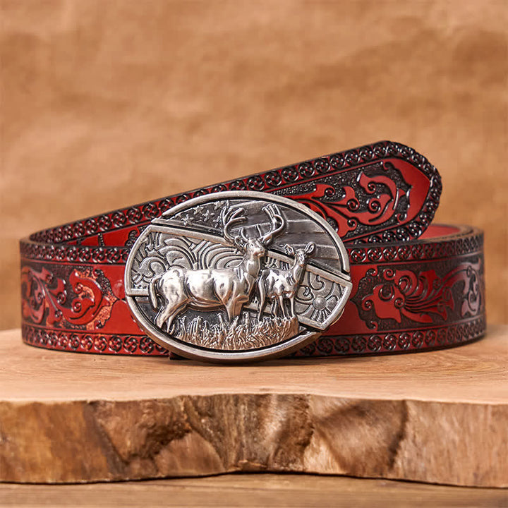 Men's DIY Deer Flag Hidden Folding Knife Leather Belt - Deer - Brown Carved Belt - 42 - image 10