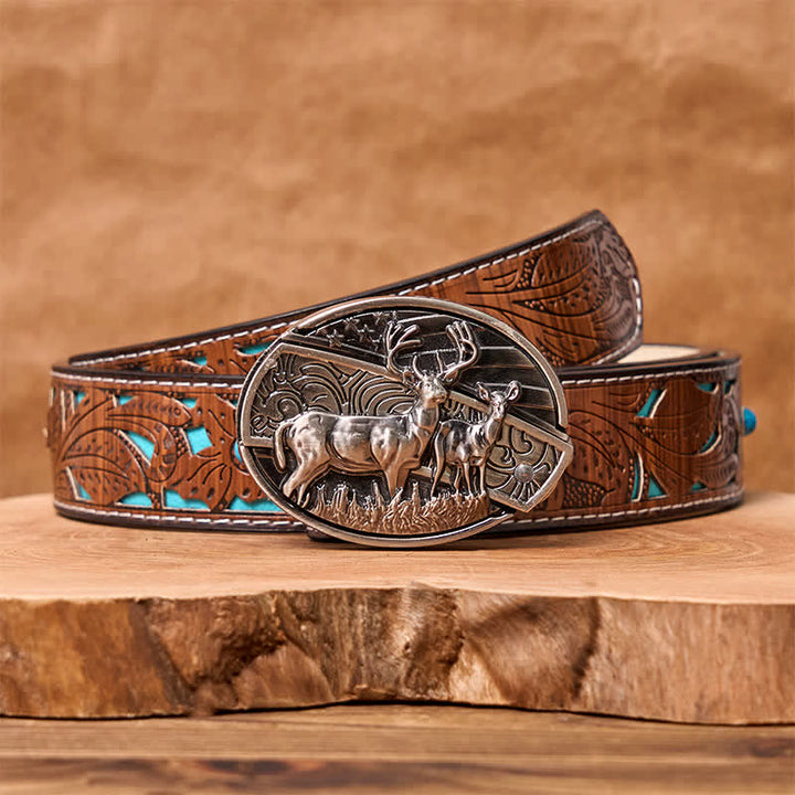 Men's DIY Deer Flag Hidden Folding Knife Leather Belt - Deer - Turquoise Carved Belt - 42 - image 8