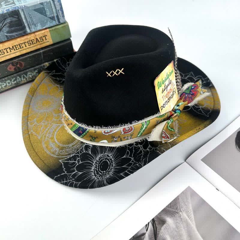 Spray-painted Sunflower Feather Decor Western Cowboy Hat