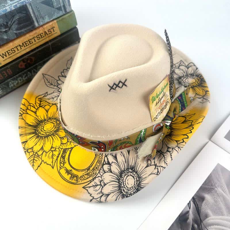 Spray-painted Sunflower Feather Decor Western Cowboy Hat - Ivory - M (22"-22 7/8") - image 5