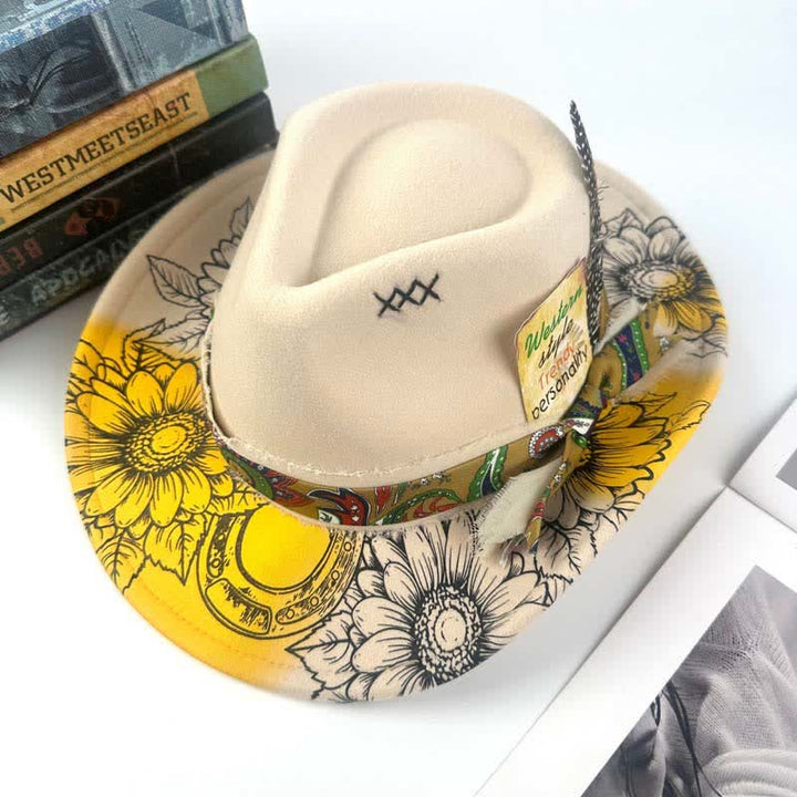 Spray-painted Sunflower Feather Decor Western Cowboy Hat - Ivory - M (22"-22 7/8") - image 5
