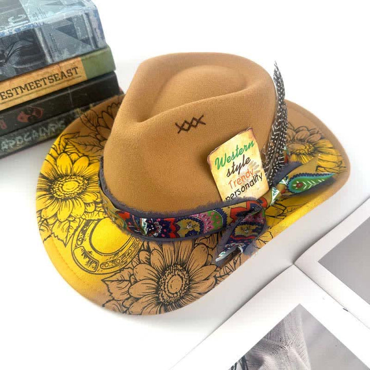 Spray-painted Sunflower Feather Decor Western Cowboy Hat - Khaki - M (22"-22 7/8") - image 0