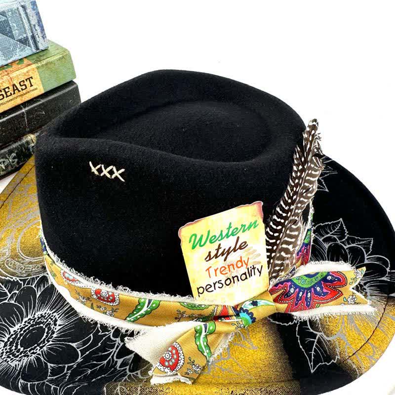 Spray-painted Sunflower Feather Decor Western Cowboy Hat