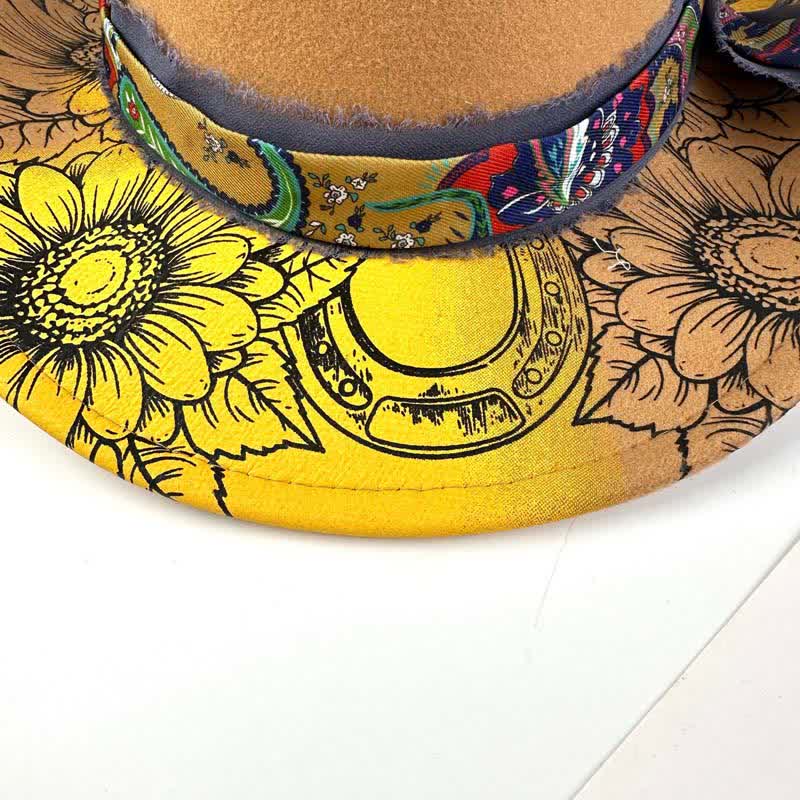 Spray-painted Sunflower Feather Decor Western Cowboy Hat