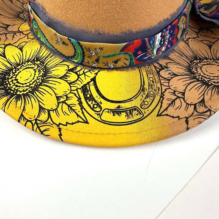 Spray-painted Sunflower Feather Decor Western Cowboy Hat