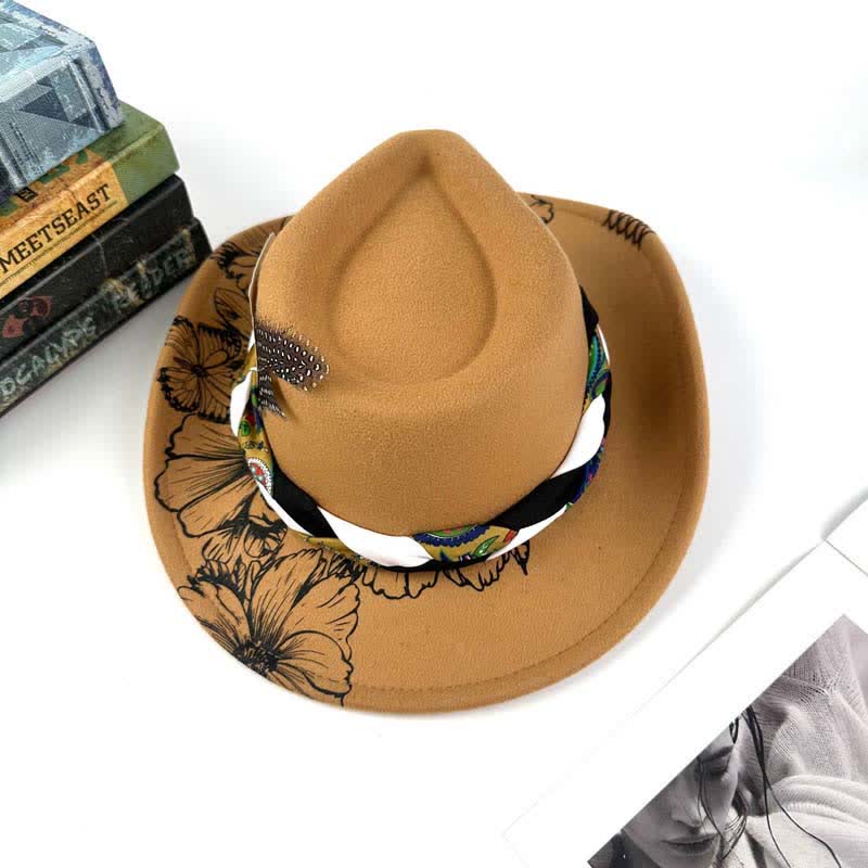 Western Sunflower Feather Decor Ethnic Strap Cowboy Hat