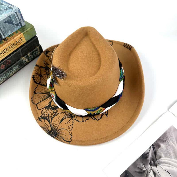 Western Sunflower Feather Decor Ethnic Strap Cowboy Hat
