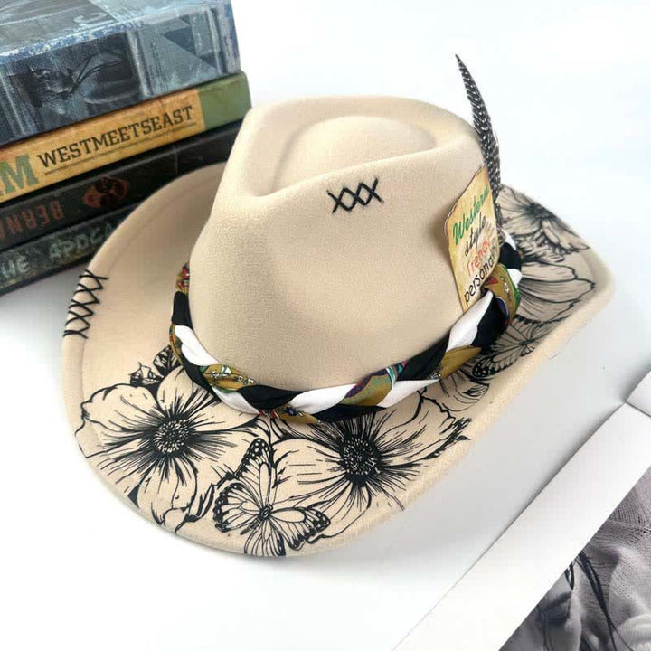 Western Sunflower Feather Decor Ethnic Strap Cowboy Hat