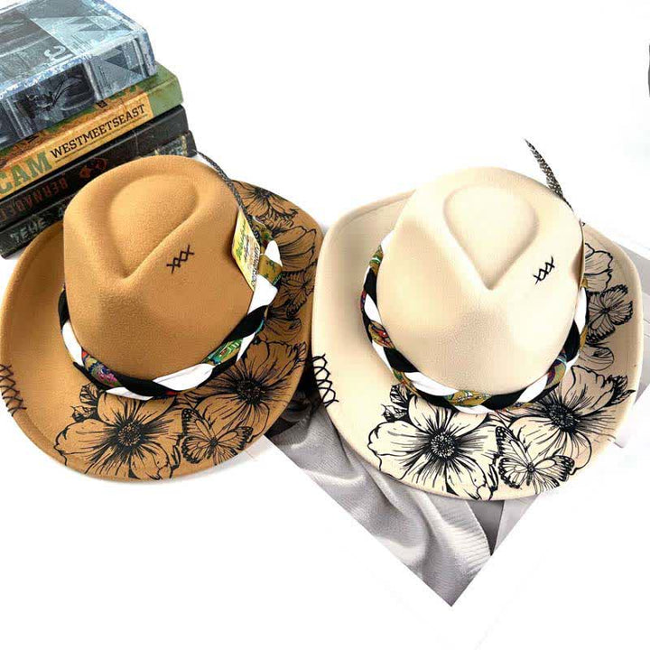 Western Sunflower Feather Decor Ethnic Strap Cowboy Hat