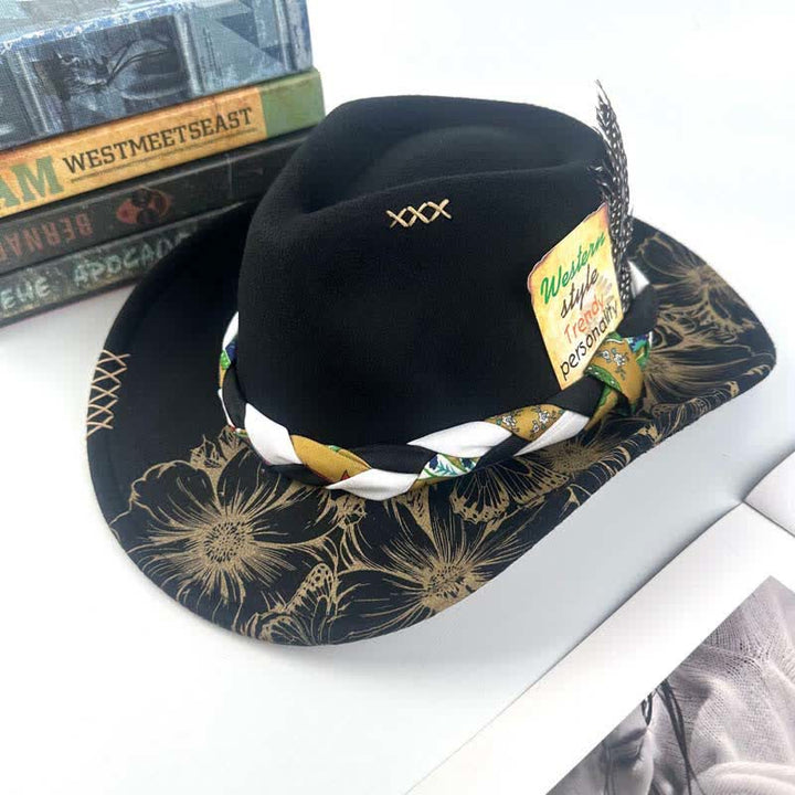 Western Sunflower Feather Decor Ethnic Strap Cowboy Hat - Black - M (22"-22 7/8") - image 9