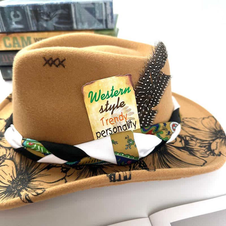 Western Sunflower Feather Decor Ethnic Strap Cowboy Hat