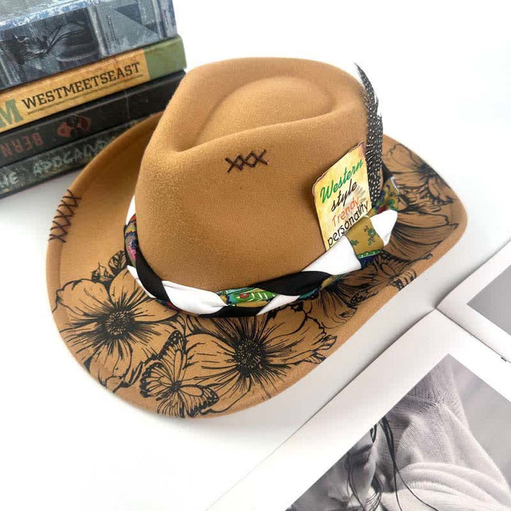 Western Sunflower Feather Decor Ethnic Strap Cowboy Hat