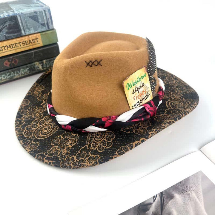 Two Tone Daisy Feather Decor Ethnic Strap Cowboy Hat