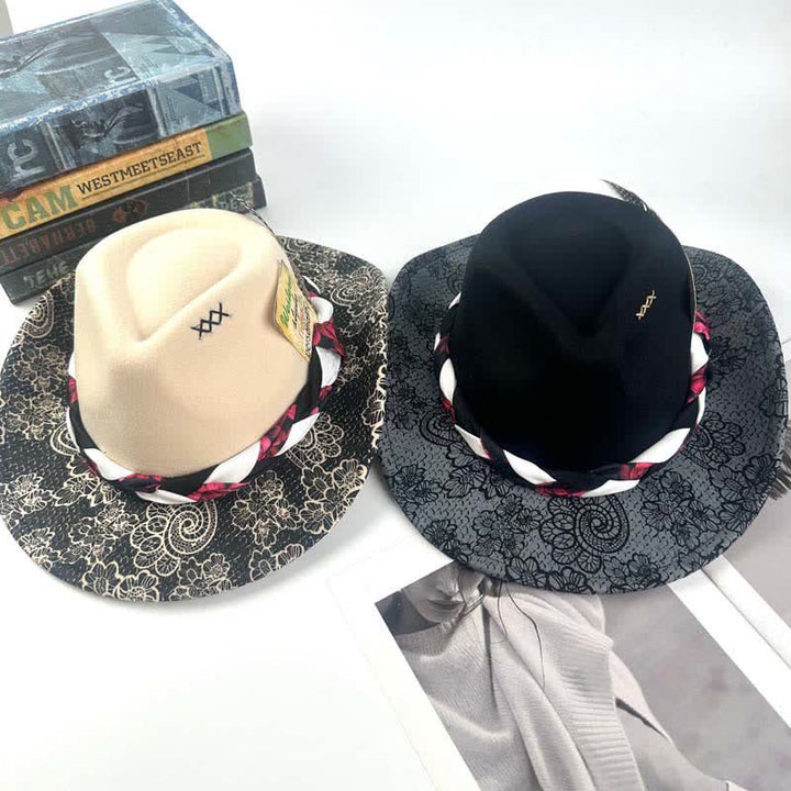 Two Tone Daisy Feather Decor Ethnic Strap Cowboy Hat