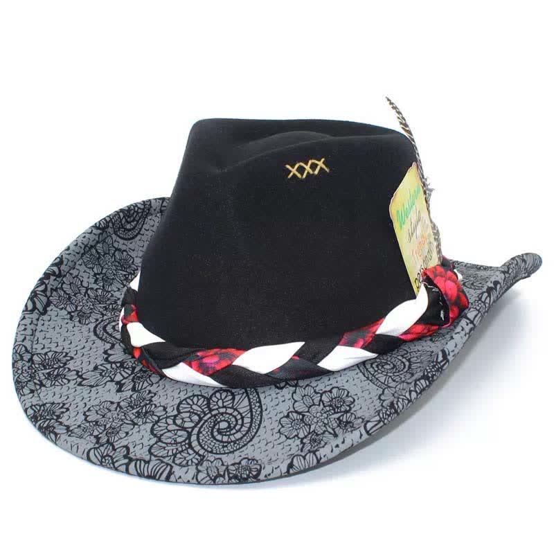 Two Tone Daisy Feather Decor Ethnic Strap Cowboy Hat