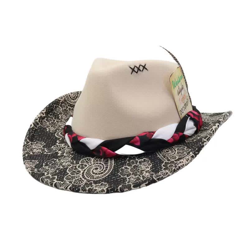 Two Tone Daisy Feather Decor Ethnic Strap Cowboy Hat