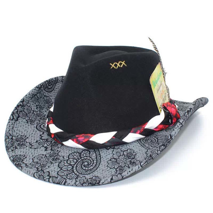 Two Tone Daisy Feather Decor Ethnic Strap Cowboy Hat - Black - M (22"-22 7/8") - image 6