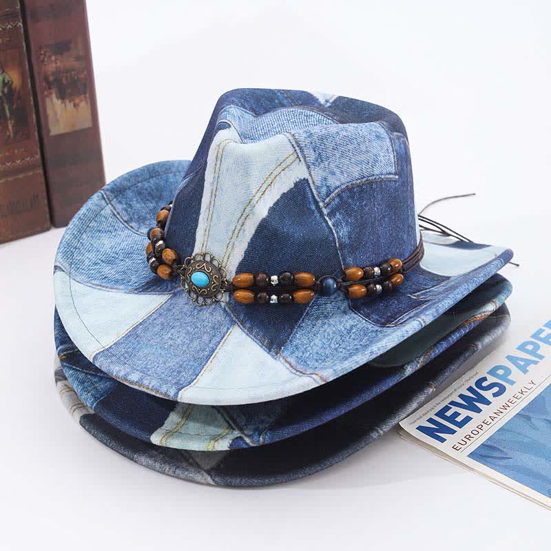 Color-blocking Design Wooden Beads Band Denim Cowboy Hat