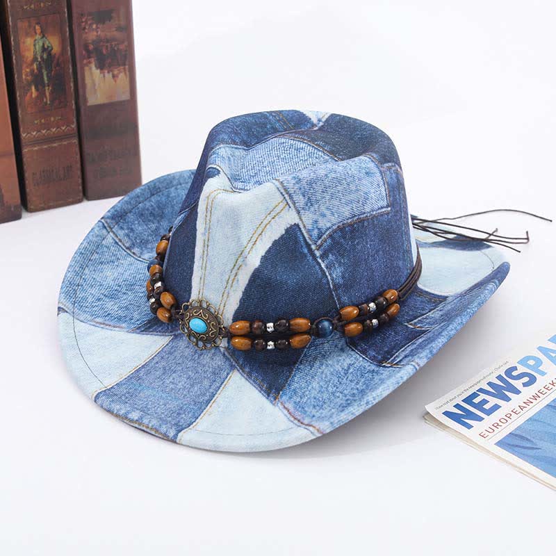 Color-blocking Design Wooden Beads Band Denim Cowboy Hat