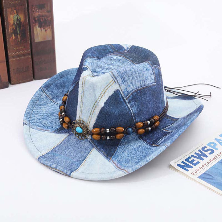 Color-blocking Design Wooden Beads Band Denim Cowboy Hat