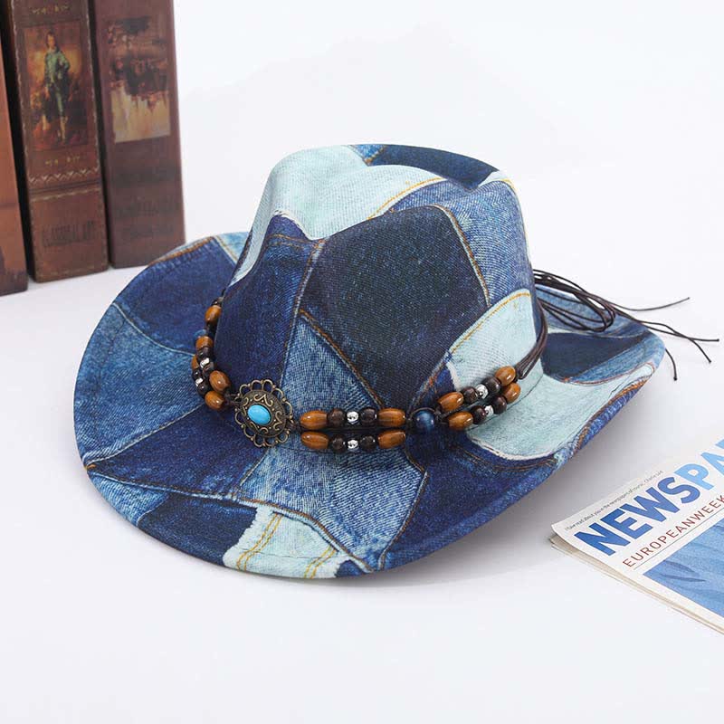 Color-blocking Design Wooden Beads Band Denim Cowboy Hat