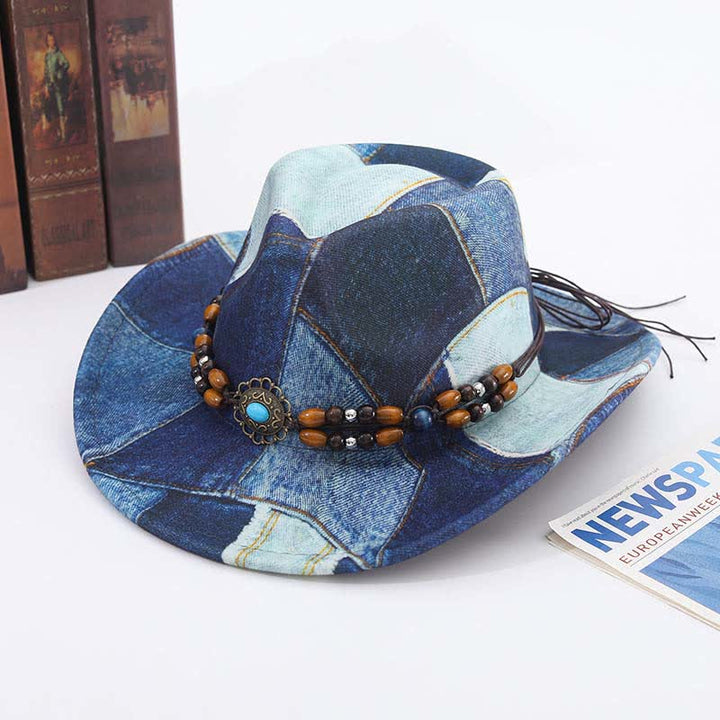 Color-blocking Design Wooden Beads Band Denim Cowboy Hat