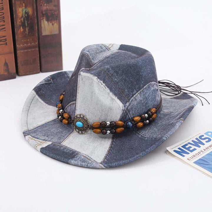 Color-blocking Design Wooden Beads Band Denim Cowboy Hat