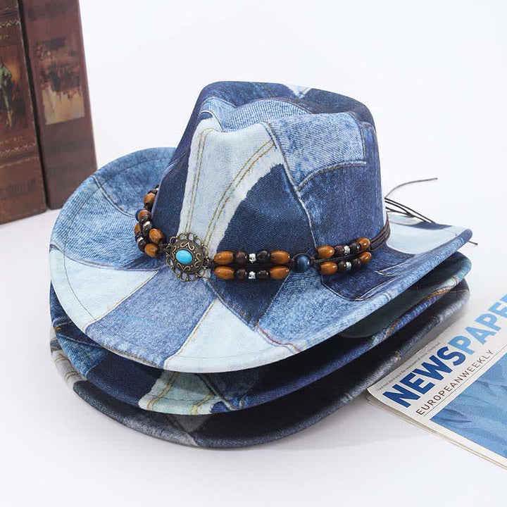 Color-blocking Design Wooden Beads Band Denim Cowboy Hat - image 1