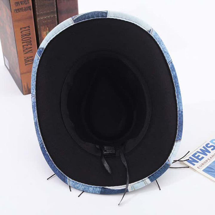 Color-blocking Design Wooden Beads Band Denim Cowboy Hat
