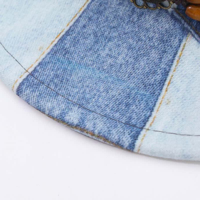 Color-blocking Design Wooden Beads Band Denim Cowboy Hat - image 5